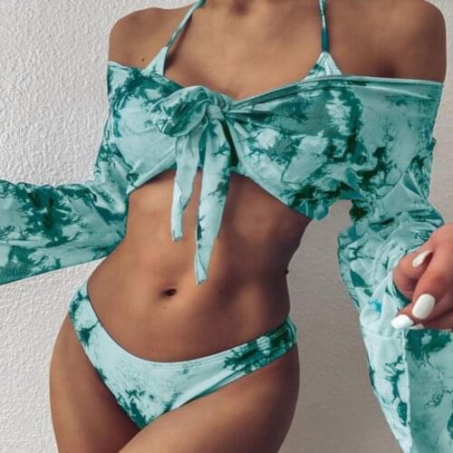 3Pcs/Set Tie dye Print Bikini Swimsuits Elastic Slim Fits Chinlon Leopard Printing Chest Pad Long Sleeve Bathing Suit Beach Wear