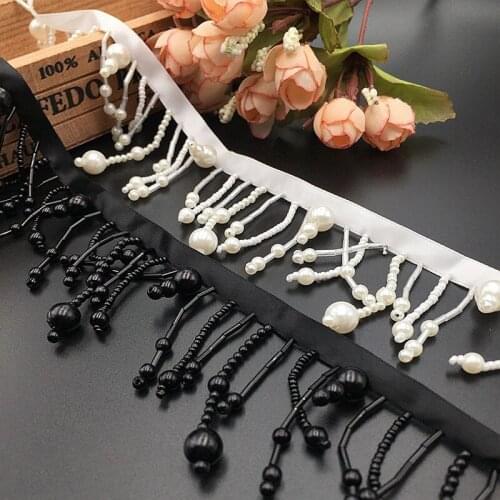 5Yards 6.5cm Width long white black hanging bead long pearl fringe beaded tassel lace trim garment dress decoration