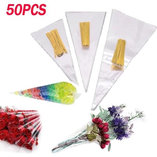 50Pcs/Set Candy Cone Storage Bags Pink Bow Design Candy Bag Transprant Plastic Bag Birthday Party Easter Party Decorations