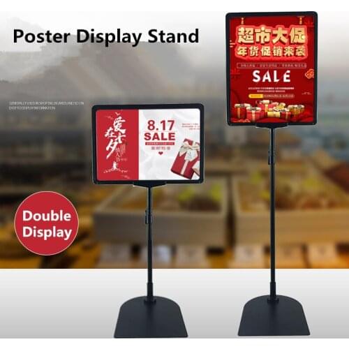 A4 Adjustable Pedestal Poster Stand Aluminum Snap Open Frame Vertical And Horizontal View Sign Displayed Black Metal Base