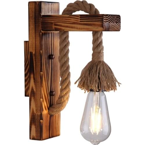 American Wood Wall Lamp Retro Vintage Light Stair Aisle Corridor Decorative Hemp Rope Wall Lamp Bedroom E27 Bedside Light
