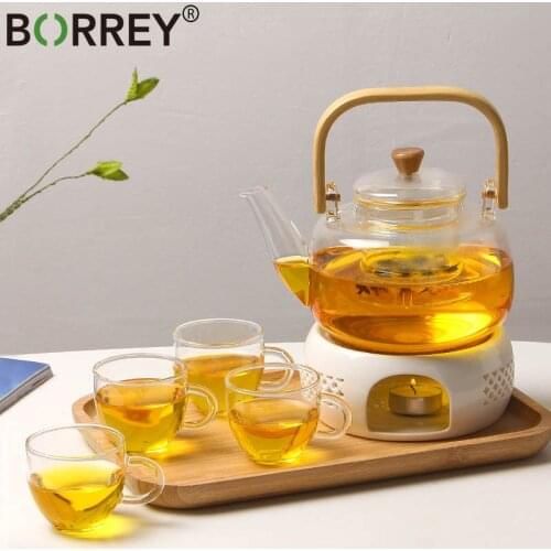 BORREY Borosilicate Glass Teapot With Removable Infuser Lifting Teapot Large Flower Tea Kettle Bamboo Handle Teapot Holder Base