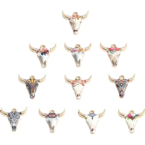 DoreenBeads 10 PCs Bohemian Charms Zinc Alloy Cow Animal Gold Color Multicolor Enamel Pendants for DIY Necklace Jewelry 2 x21mm