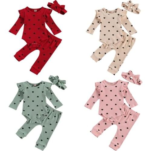 FOCUSNORM 0-24M Newborn Baby Girls Boys Clothes Sets 3pcs Heart Print Ruffles Long Sleeve Romper Tops Pants Headband