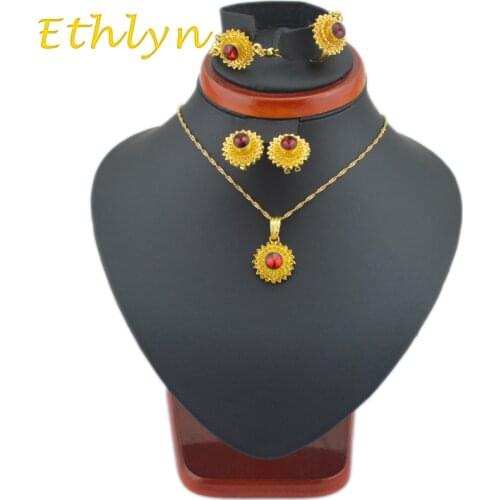 Ethlyn small size women Ethiopian jewelry sets Gold Color rhinestone bracelet/earrings/ring/pendant/chain jewelry setsS24A