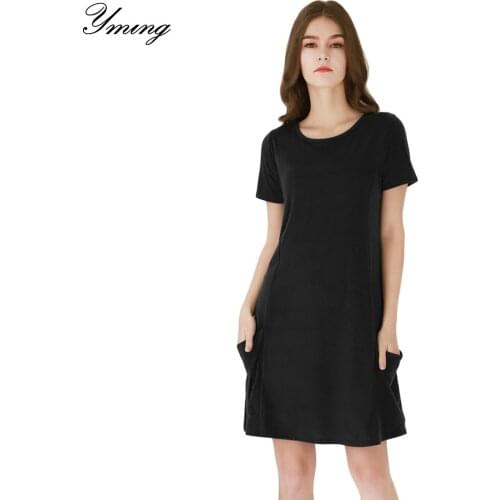 YMING Summer Ladies Big Pocket Dress Vestidos Female Dress O-Neck Solid Color Beach Dresses Casual Beach Party Dress Clothes