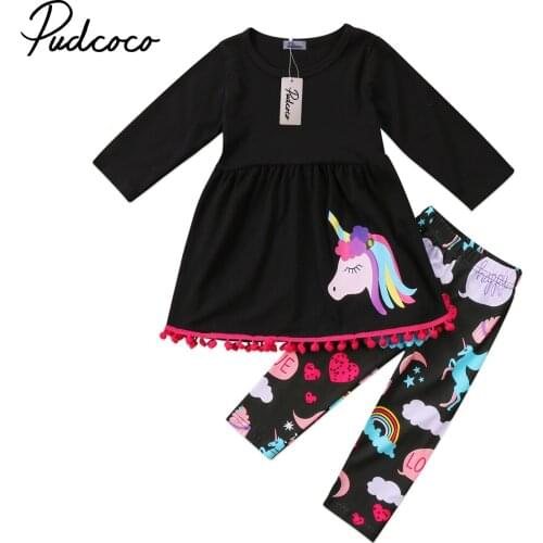 Cute Cartoon Kids Baby Girls Outfits Clothes Black Tassels Dress Tops+Print Long Pants 2PCS Sets Girls Clothing 2-7Y