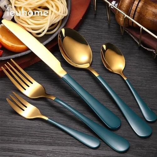 5Pcs Green Gold Cutlery Set Stainless Steel Family Dinnerware Flatware Silverware Tableware Set With Dinner Knife Fork Spoon