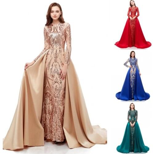 Overskirt Prom Dresses 2k19 Long Sleeves Bling Bling Sequins Formal Event Gowns Gold Royal Blue Hunter Red Long vestidos de gala