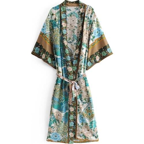 Boho women peacock floral print bat sleeve beach Bohemian Kimono robe Ladies V neck Tassel Summer happie dress vestidos