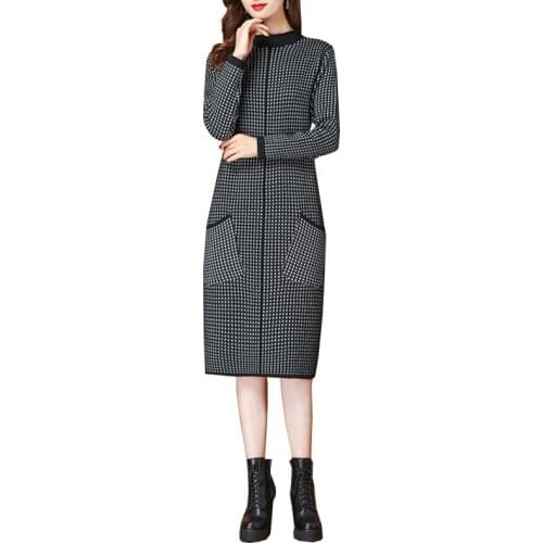 Lattice Sweater Dresses Woman Autumn Winter Clothes Knitted Dress Ladies Thick Loose Medium Long Bottoming Shirt Dresses Women