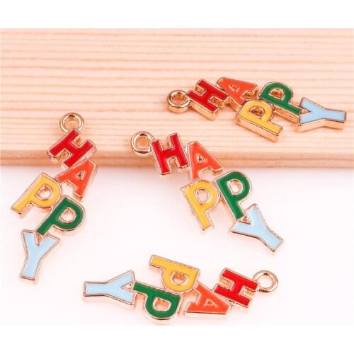 50pcs 28*11mm Golden alloy enamel colorful HAPPY letters pendant Charm For DIY Jewelry Accessories Finding Making Necklaces