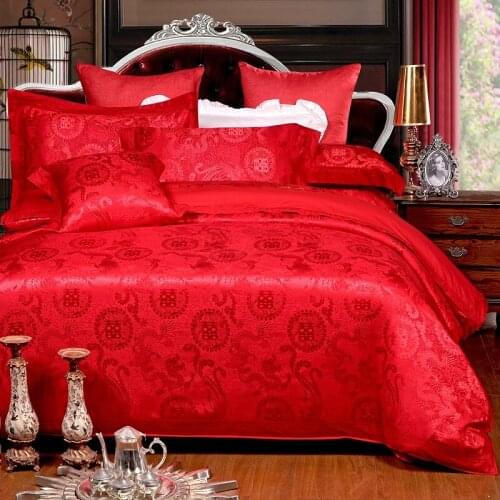 Luxury jacquard silk Bedding 100%cotton Embroidered including Duvet cover Bed sheet Pillowcase Chinese Red style Wedding
