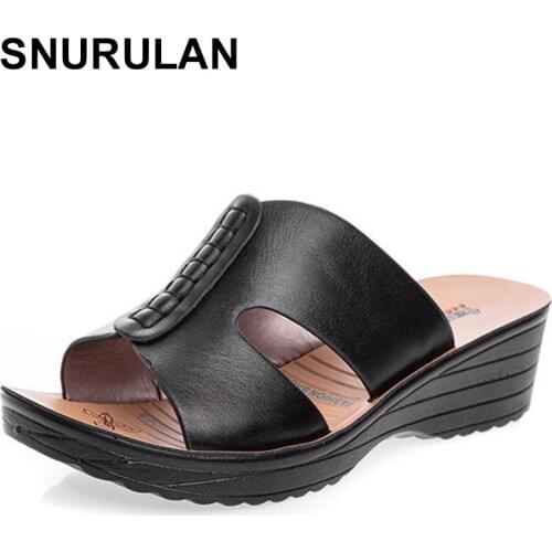SNURULANWomen Old Mother Female Shoes Sandals Slipper Cow Genuine Leather Slip On Summer Beach Casual Size 35-41 E568