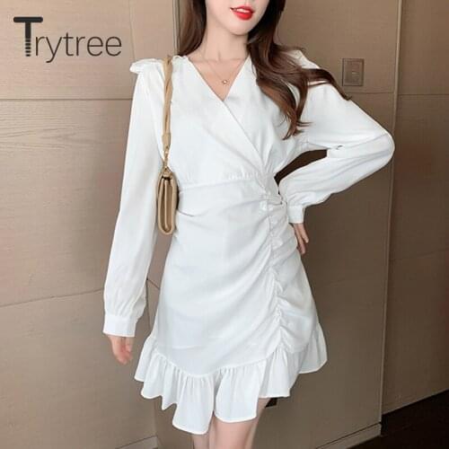 Trytree 2021 Spring Autumn Womens Dress Casual Solid V-neck Pleated Side Ruffled Hem Above Knee Silky Office Lady Shirt Dress