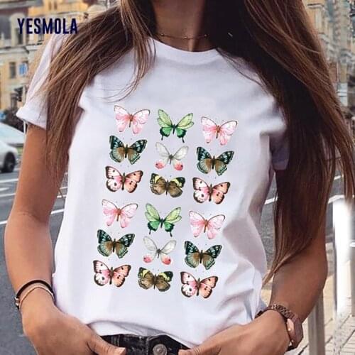 YESMOLA Women T Shirt Butterfly Harajuku Ulzzang T Shirt Femal T Shirts Summer Tops 90s Girls Graphic Tee Woman Clothing
