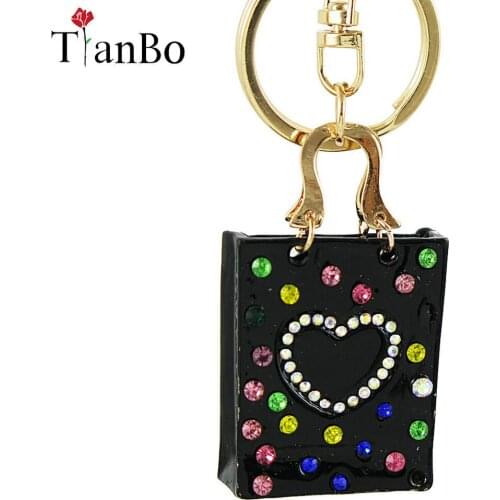 Women Fashion Colorful black bag Keychains Metal Pendant Keyrings Heart Crystal Keyholder Car Key Chain Ornaments jewelry