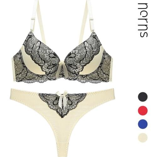 Norns Womens Lace Plus Size Bra Gathered to Push Up Sexy Thong Bra Set