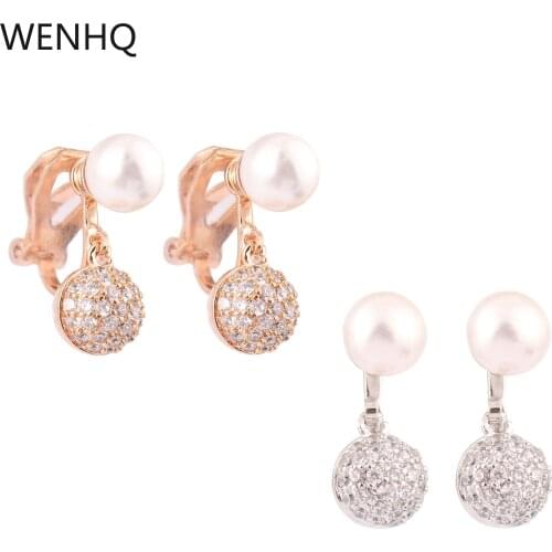 WENHQ 2 Colors Cubic Zircon Pearl Stud Clip on Earrings Women Girl Party Prom Fashion Luxury No Pierced Earrings Ear Clip New