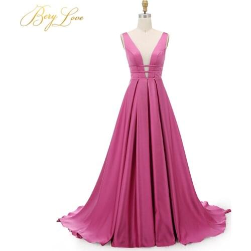 Berylove Sexy Fushia A line Evening Dress 2019 Elegant Satin Evening Gown Long Formal Abiye Prom Party Dress vestido longo festa