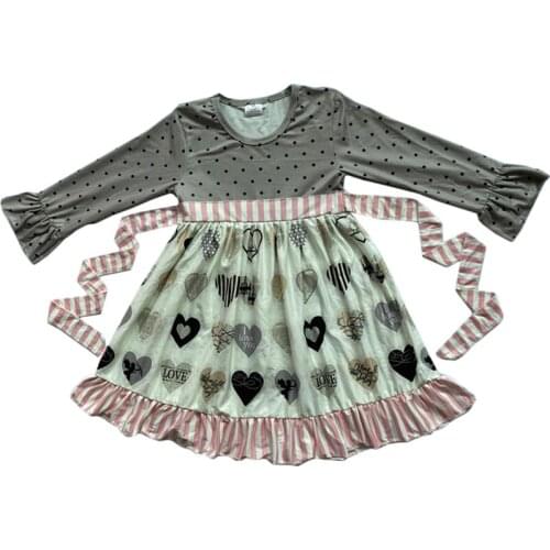 Wholesale pink striped belt dot heart printing valentines girl dress
