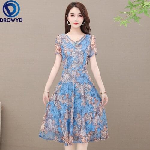 Printing Gauze Sweet A-line Floral Dress Women Fashion Elegant V-neck Mid-Calf Dress Ladies Korean Summer Short Sleeve Dresses