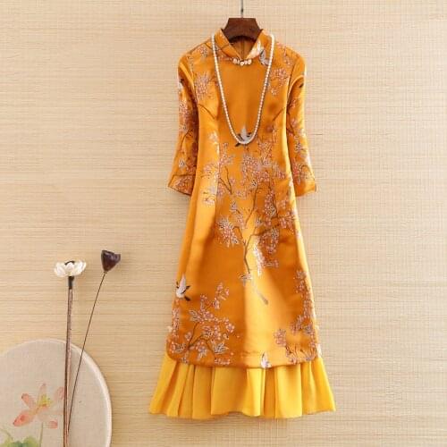 High-end Floral Spring Women Chinese Style Fishtail Midi Dress Jacquard Cheongsam Elegant Slim Lady Qipao Party Dress S-XXL