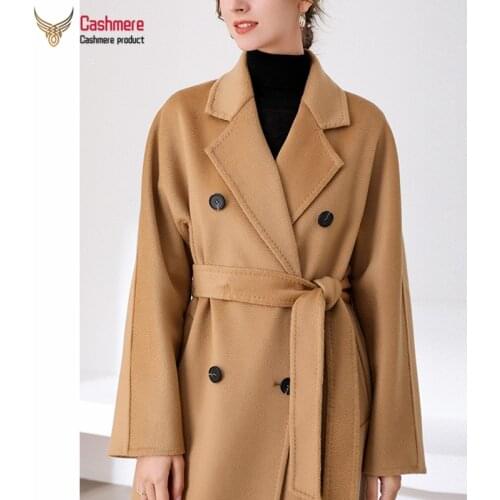 Winter Womens Wool Coat Fall 2021 New Long Cashmere Coat Camel Water Ripple Double-Breasted Slim-fit High-end Coat Hand-Sewn