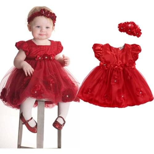 2pcs Newborn Infant Baby Girl Wedding Party Princess Puff Sleeve Flower Headband Princess Tutu Dress+Headband Clothes