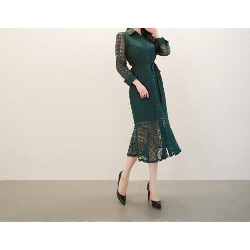 2021 summer new vintage fashion hollowed-out lace V-neck belt elegant mermaid dress women long sleeve single breasted plus size