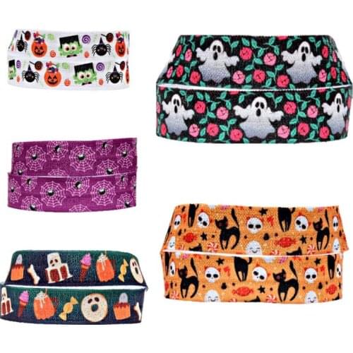 50 yards/lot) Hot sale 15MM horror black cat and ghost printed Halloween foe fold over elastic