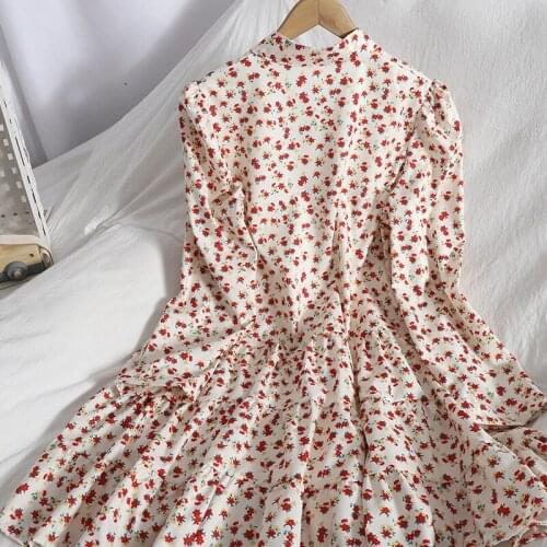 Abrini Fall 2021 Floral Ruffle Dress Women Slim Print Puff Sleeve Cute Mini Skirt Ball Gown Lace Femme Robe Vestido De Mujer