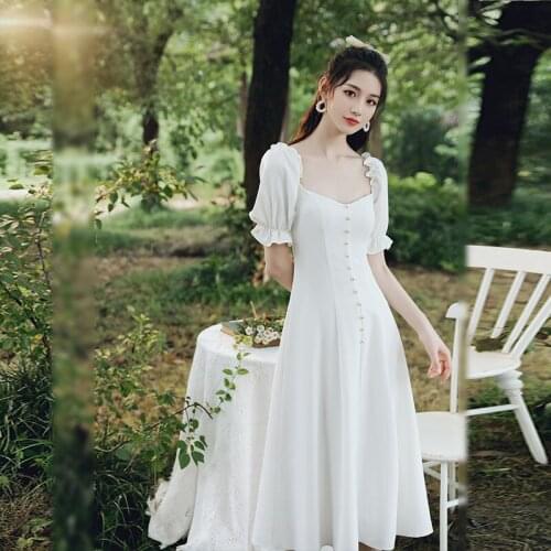 White Puff Sleeve Bridesmaid Dress Sisters Skirt Mid-length Elegant Temperament Birthday Engagement Party Evening Dress A128