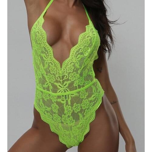 BKLD Neon Green Bodysuit Lace Sheer Bodysuit 2019 New Summer Sexy Backless Jumpsuit Halter V-neck Women Bodysuit Tops Clubwear