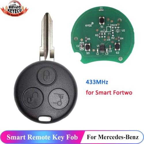 KEYECU Remote Key 433MHz +Chip 3 Button Uncut Blade for Smart Fortwo Forfour City Coupe