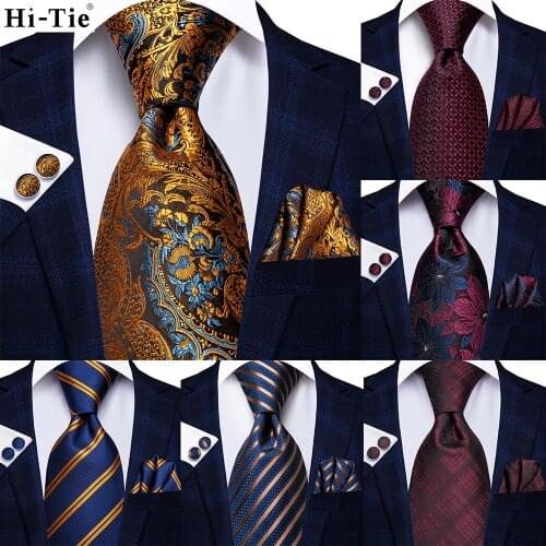 Hi-Tie Design Gold Navy Blue Striped Paisly Silk Wedding Tie For Men Hanky Cufflink Gift Nicktie Set Business Party Dropshipping