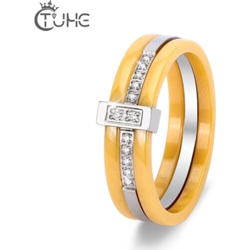 2017 New Fashion Ceramic Rings Stainless Steel & Yellow Color Simple Jewelry Ring With Bling Crystal for Women Christmas Gift