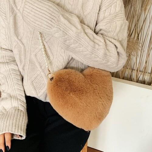 Fashion Womens Heart Shaped Faux Fur Crossbody Wallet Purse Chain Shoulder Bag for Lady Handbag