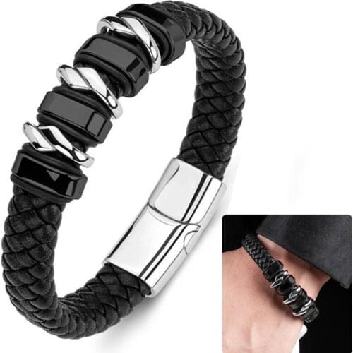 Mens Classic Bracelet Fashion Jewelry Magnetic Black Leather Rope Chain Charm Bracelet Sports Casual Style