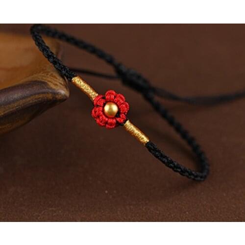 New Real 24K Yellow Gold Bracelet Woman Luck Smooth Bead with Black Cord Flower Style Weave Bracelet