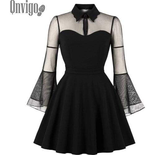 Qnvigo Autumn Queen Mini Dress Womens Long-Sleeved Stitching Party Vintage Plus Size lady OL Mesh Dress 2020 New