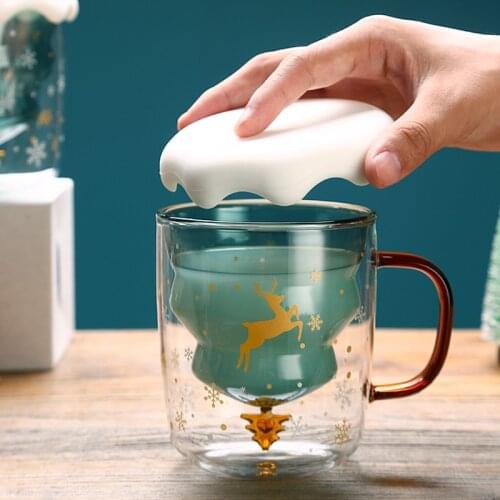 300ML Christmas Mug Double Layered Anti Scald Glass Christmas Tree Starry Sky Coffee Mug Thermal Insulation Breakfast Milk Cup