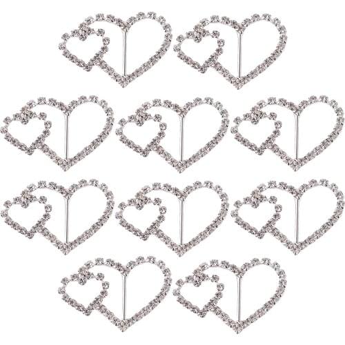 10pcs Heart Silver Crystal Rhinestone Ribbon Buckles Sliders for Decoration of DIY Hairpins and Clothes Buttons