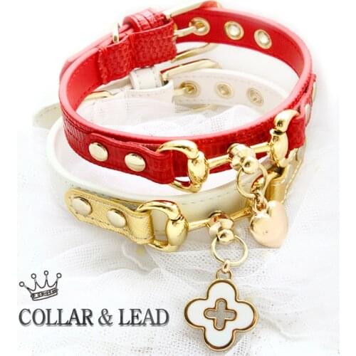 Dog Collar Leather Dog Leash Premium Real Calfskin Goldplated Buckle Red Lizard White Litchi Pattern Cat Pet Accessories