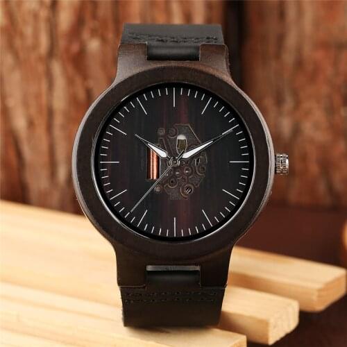 Modern Hollow Dial Wood Watch for Men Casual Mens Bamboo Quartz Analog Wristwatch Luminous Hands Black Brown Leather Strap Gift