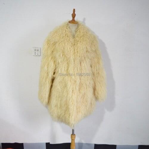 Top Quality Fashion Real Fur SJ192 Beige Colored Women Winter Warm Long Fur Overcoats