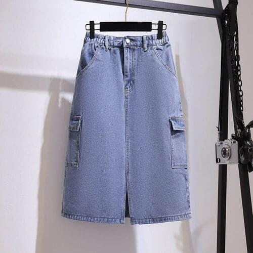 150Kg Plus size womens summer high waist a-line split denim skirt 4XL 5XL 6XL 7XL 8XL 9XL loose pocket skirt blue black