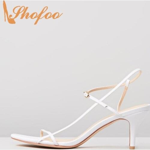 Shofoo Summer Concise Style Sandals Slim Top Quality White Open Toe Stiletto Black High Heel Narrow Band Heels Women Shoes 2021