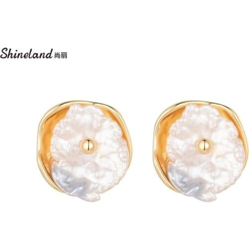 Shineland Baroque Natural Freshwater Pearl Stud Earrings for Women Golden Color Punk Round Brincos Jewelry Mothers Day Gift