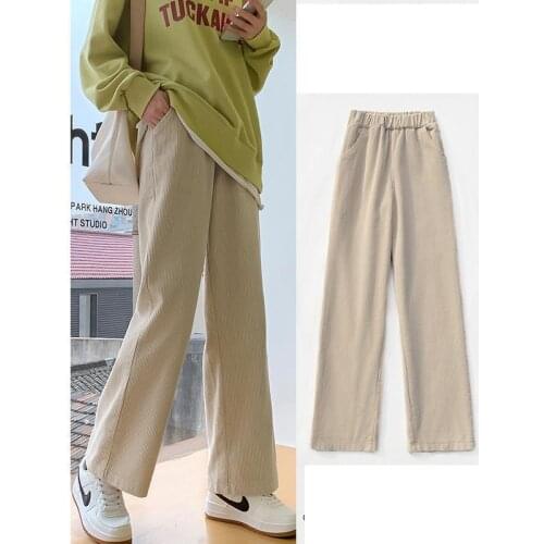 2021 Spring Womens Corduroy Wide Leg Pants Loose Elastic Waist Straight Streetwear Women Trousers Plus Size 4xl Black Clothes